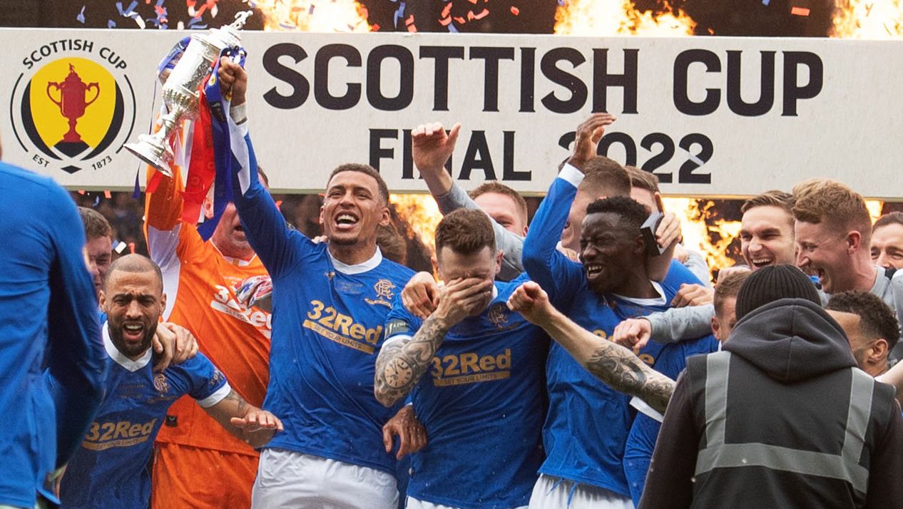 Rangers Captain James Tavernier lifts the Scottish Cup trophy.