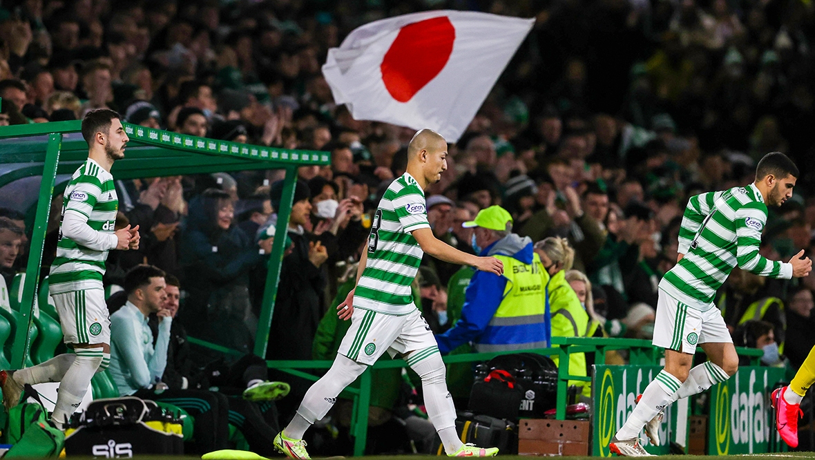 Celtic’s Daizen Maeda walks out ahead of his debut against Hibs at Parkhead.