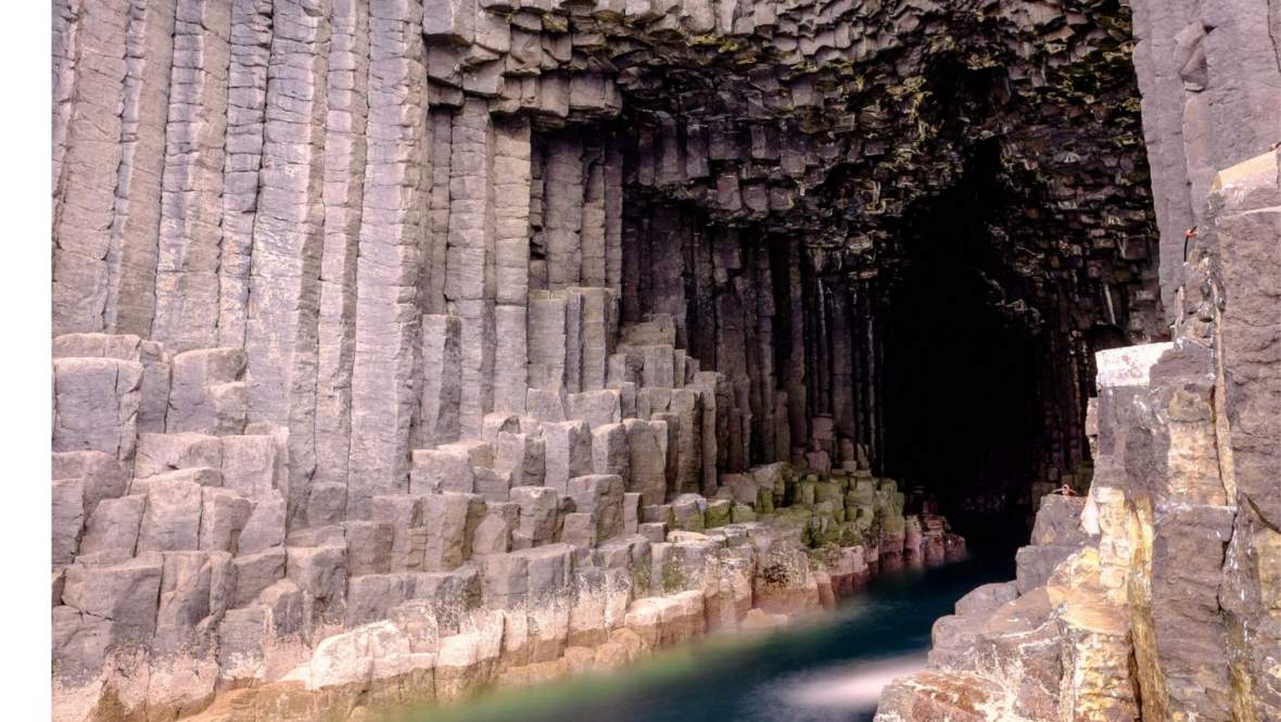 Fingal’s Cave on the island of Staffa, showing the columnar basalt that makes up the exposed base of the island.