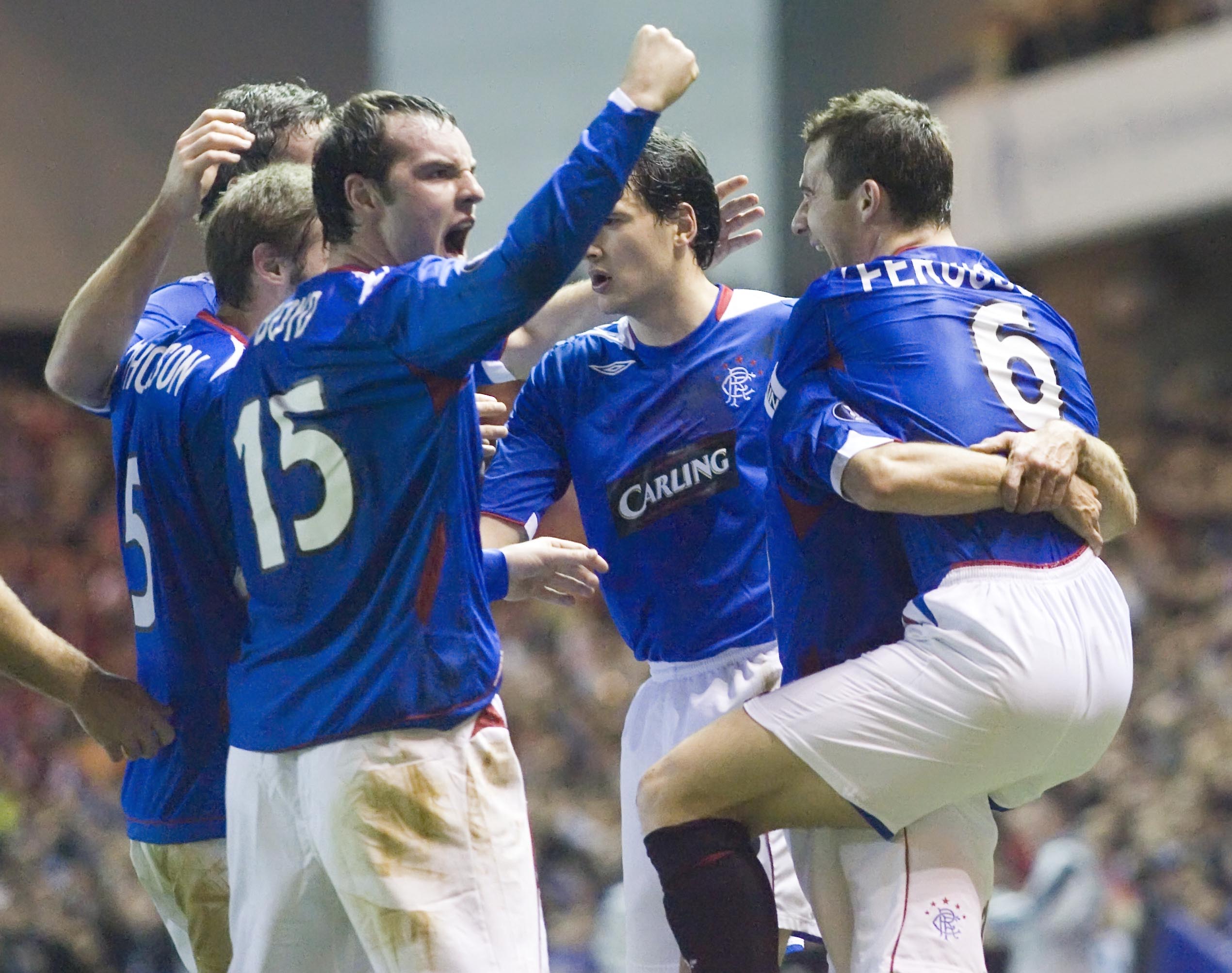 Celebrations after Barry Ferguson put Rangers ahead in the second leg.