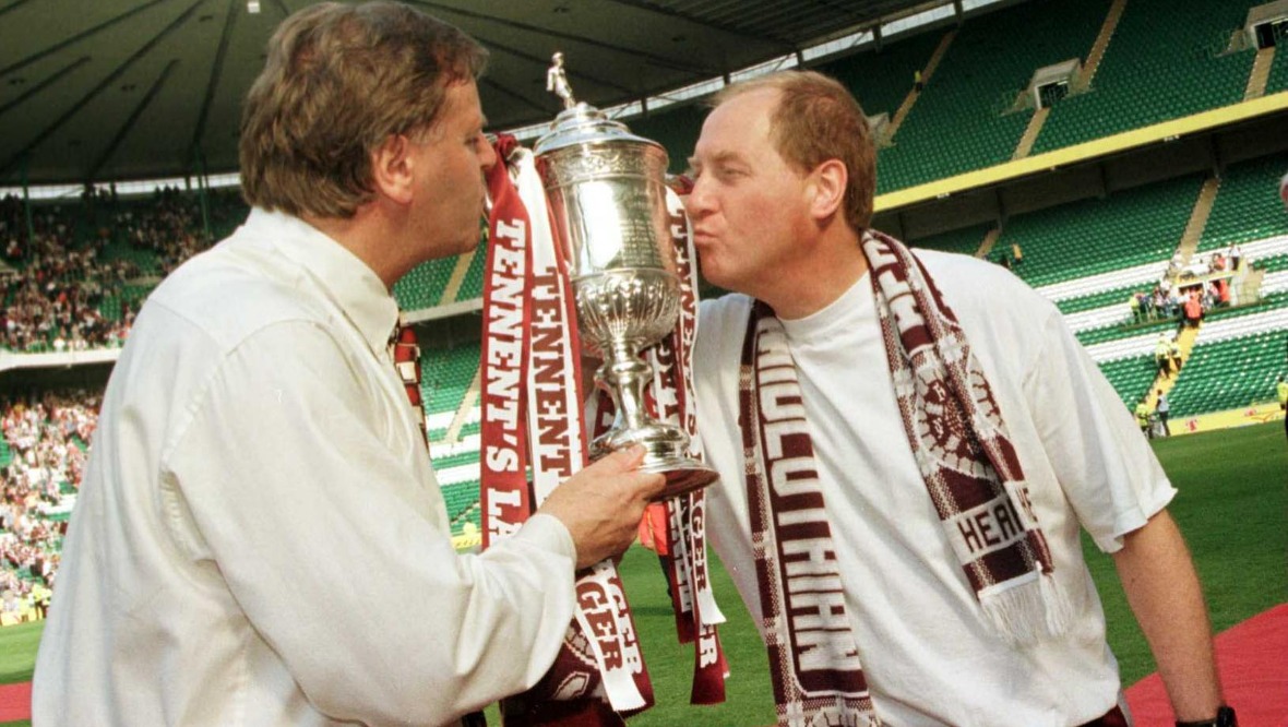 Rangers v Hearts Scottish Cup 1998: Jim Jefferies and Billy Brown with the cup.