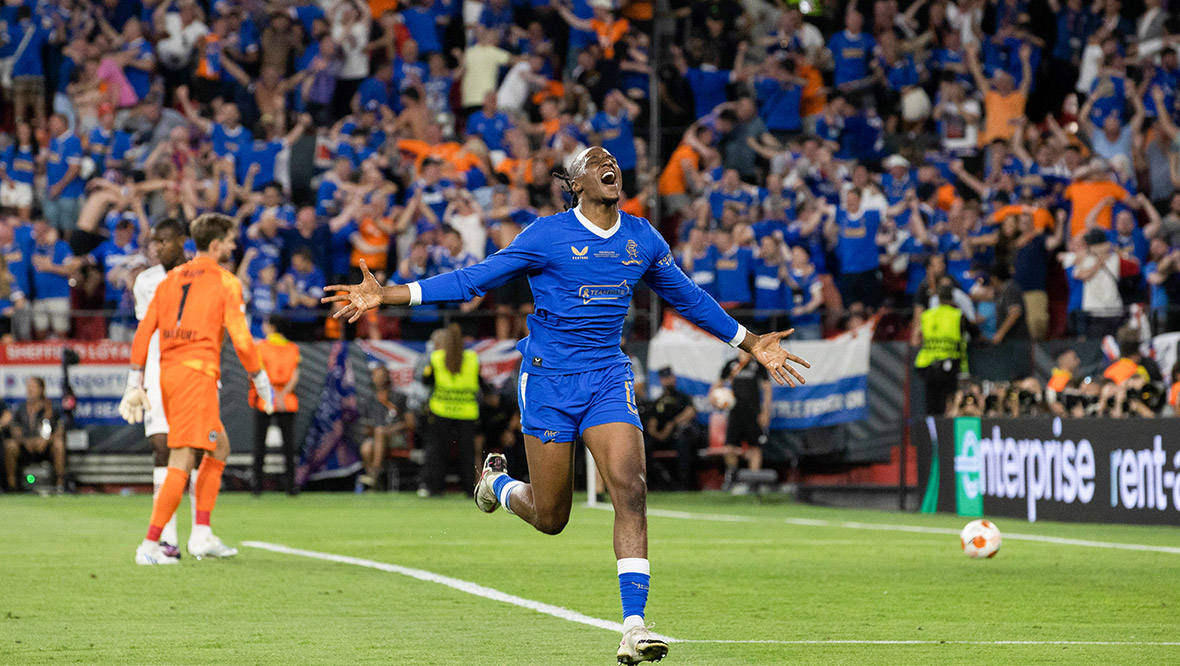 Joe Aribo celebrates putting Rangers ahead in Seville.