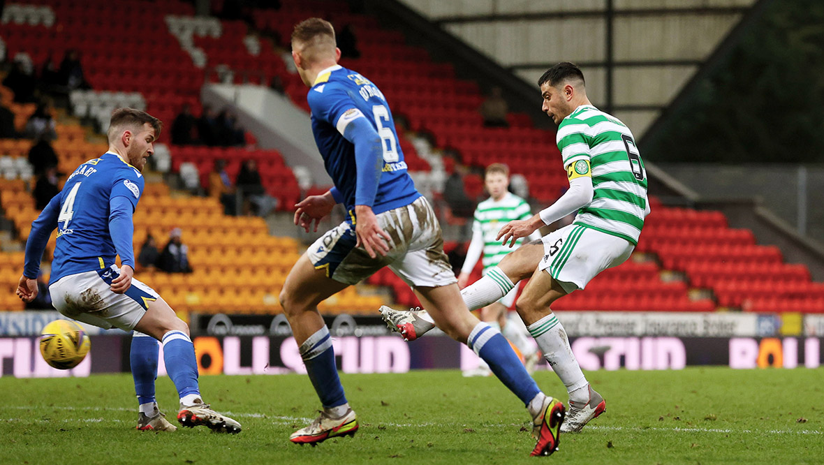 Nir Bitton makes it 3-1 to Celtic in front of a sparse crowd at McDiarmid Park.