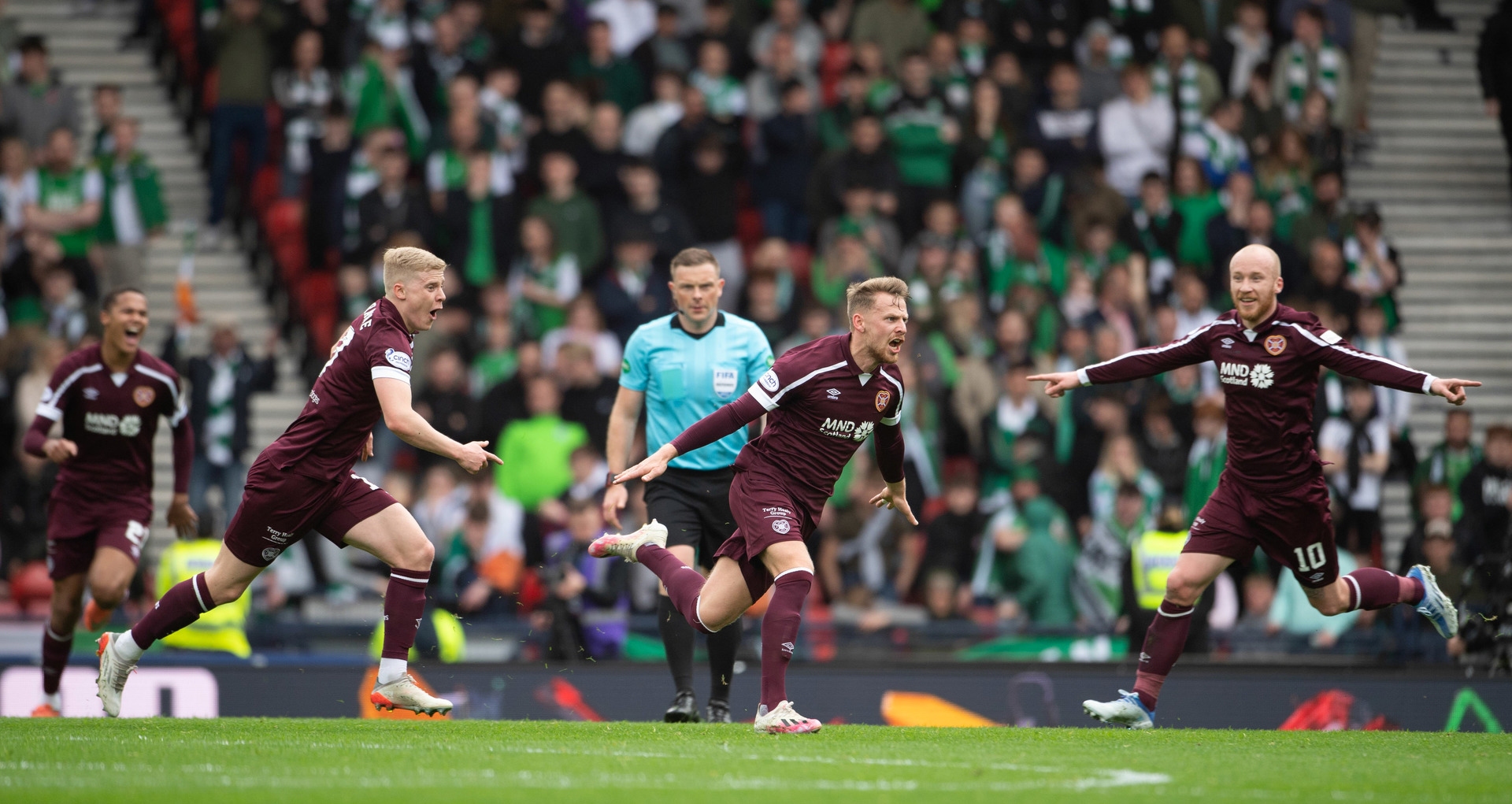 Hearts' Stephen Kingsley celebrates making it 2-0 during a Scottish Cup Semi-Final between Hearts and Hibs at Hampden Park. (Photo by Paul Devlin / SNS Group)
