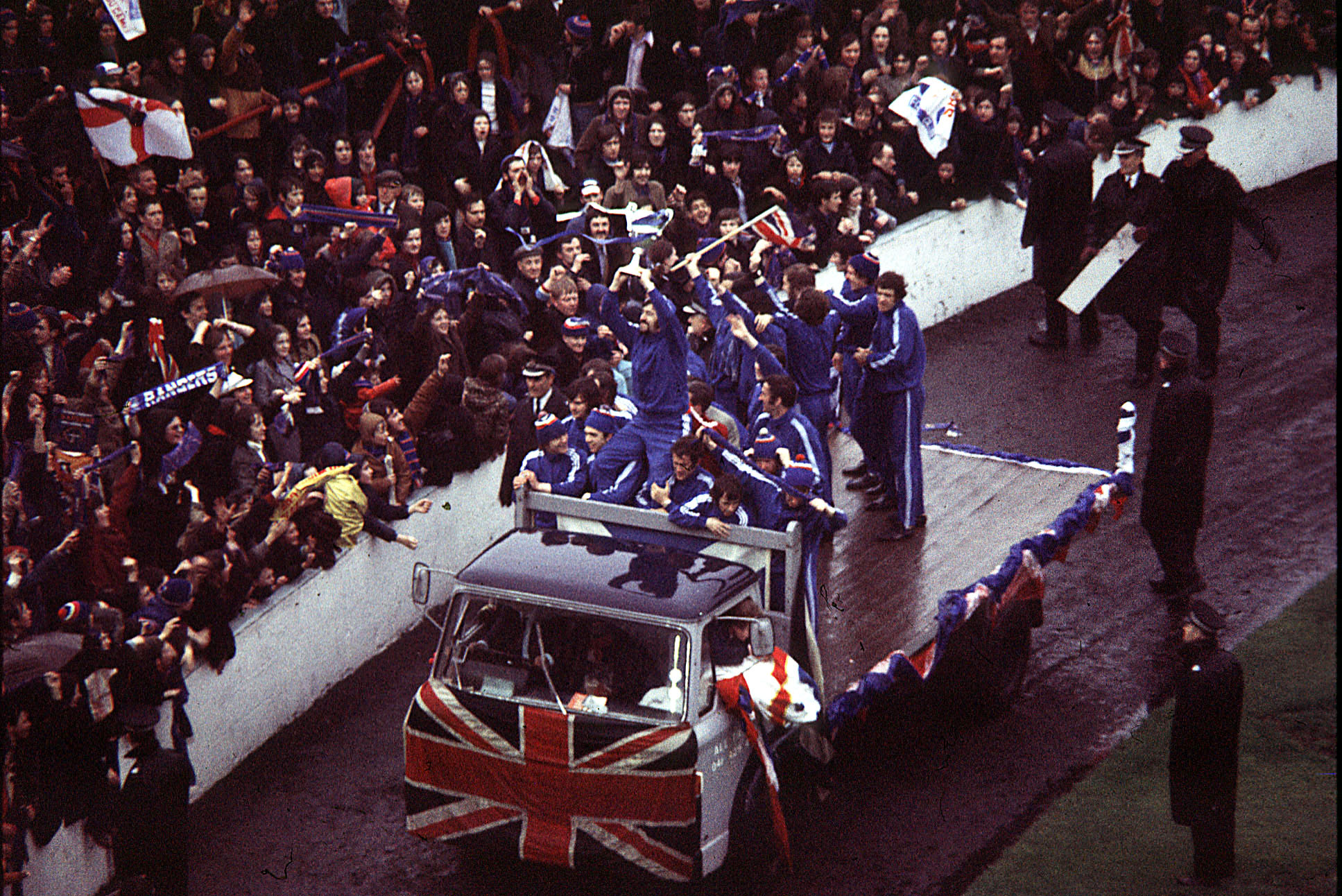 John Greig parades the European Cup Winners' Cup around Ibrox in 1972.