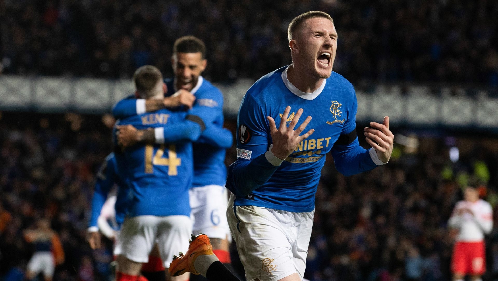 John Lundstram celebrates the goal that took Rangers to the Europa League final.