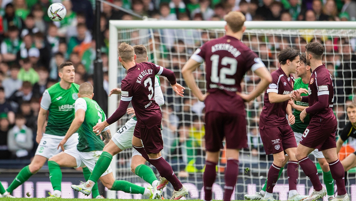 Stephen Kingsley puts Hearts 2-0 up in their semi-final win over rivals Hibs.