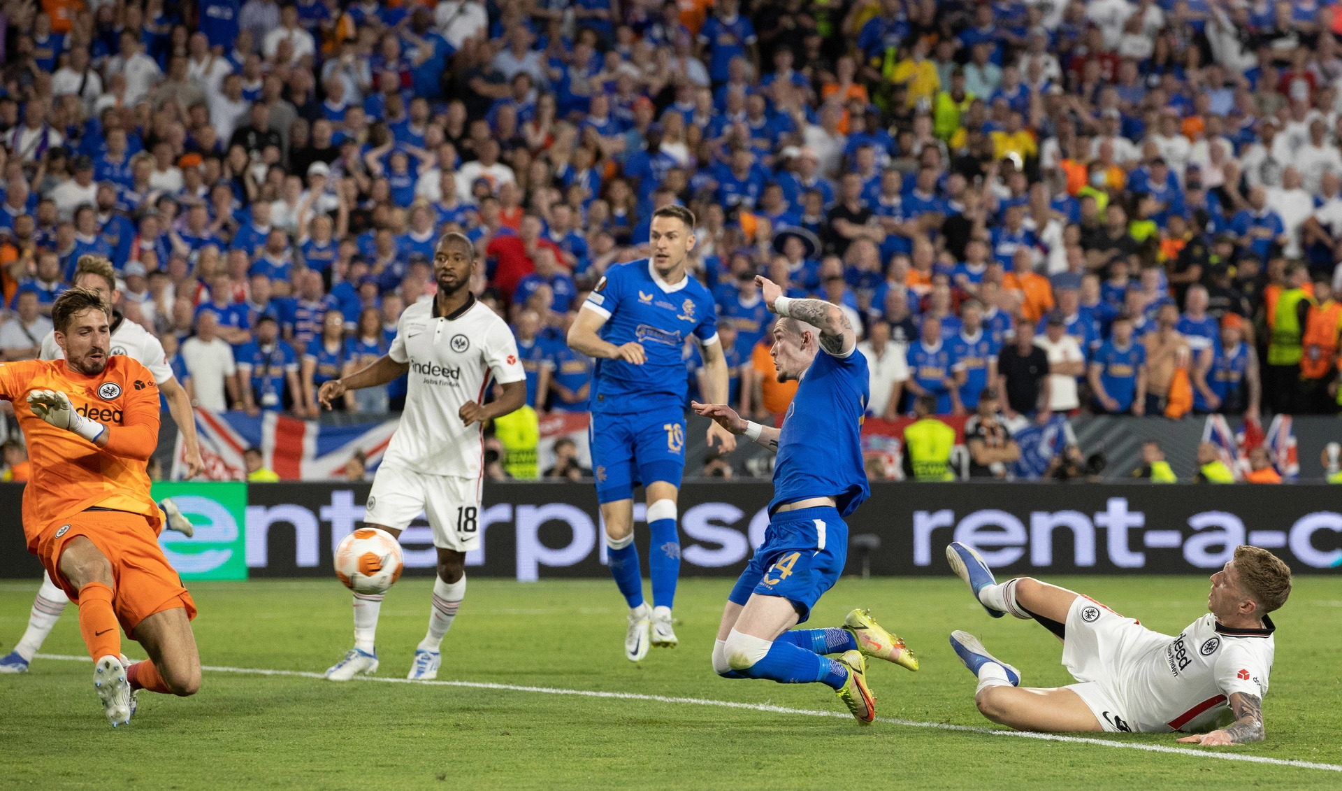 An agonising moment for Rangers fans as Ryan Kent's effort is blocked.