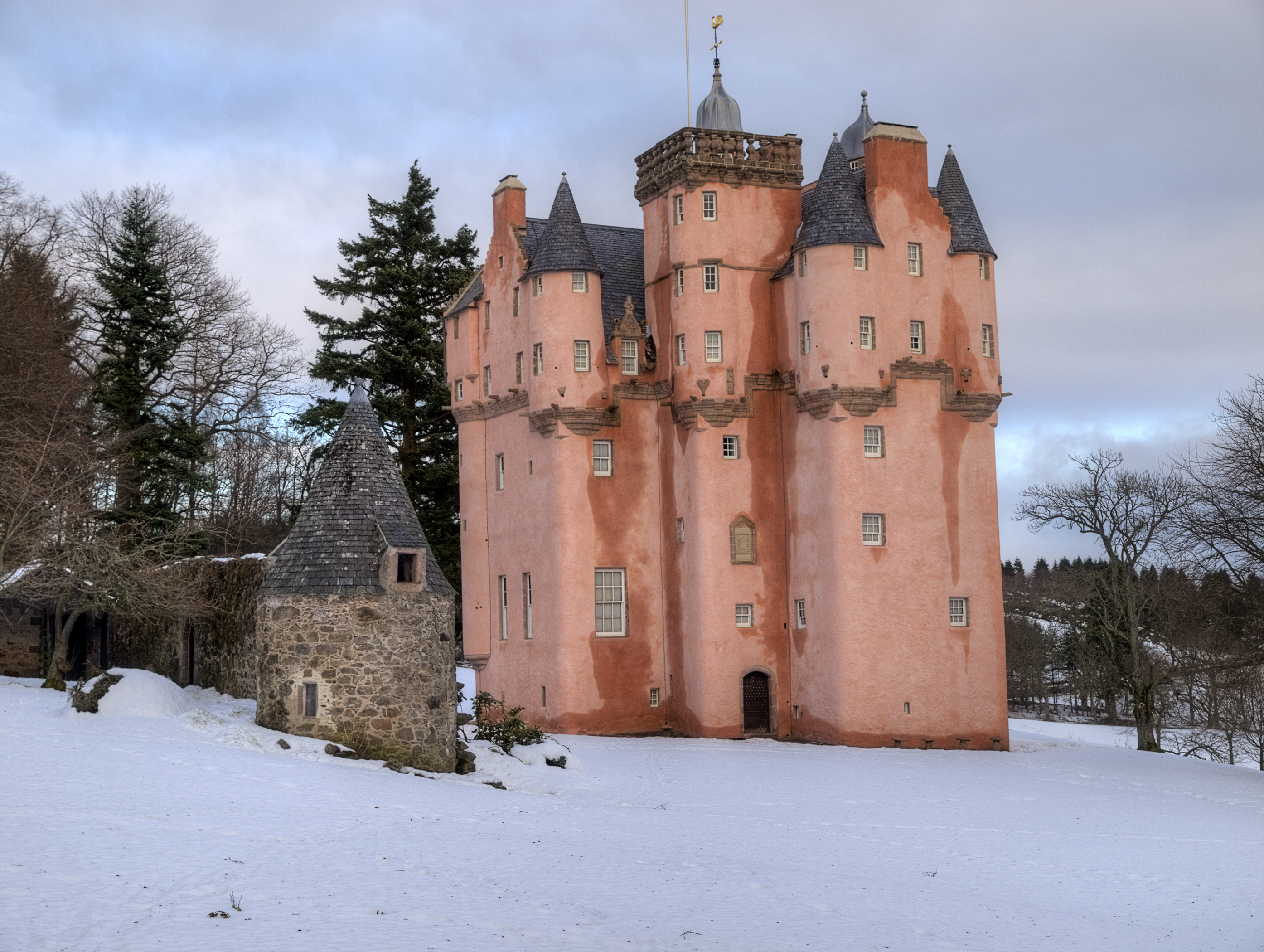 Craigievar Castle, in winter snow.
