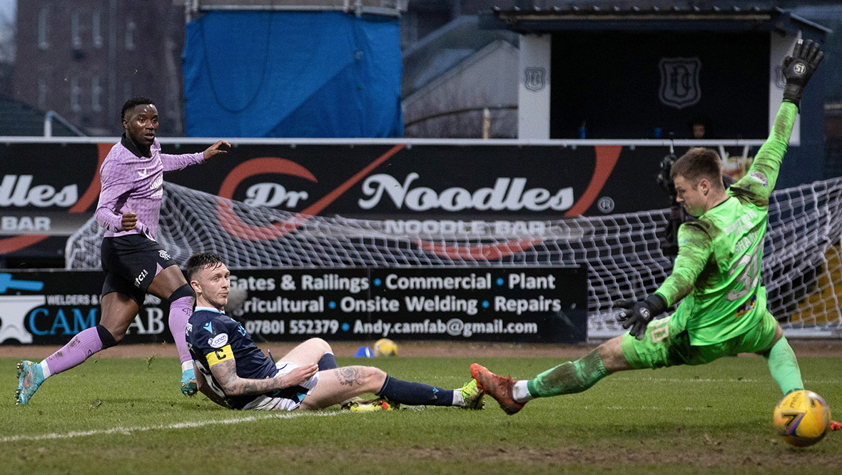 Fashion Sakala scored Rangers' third goal at Dens Park in the quarter-final.