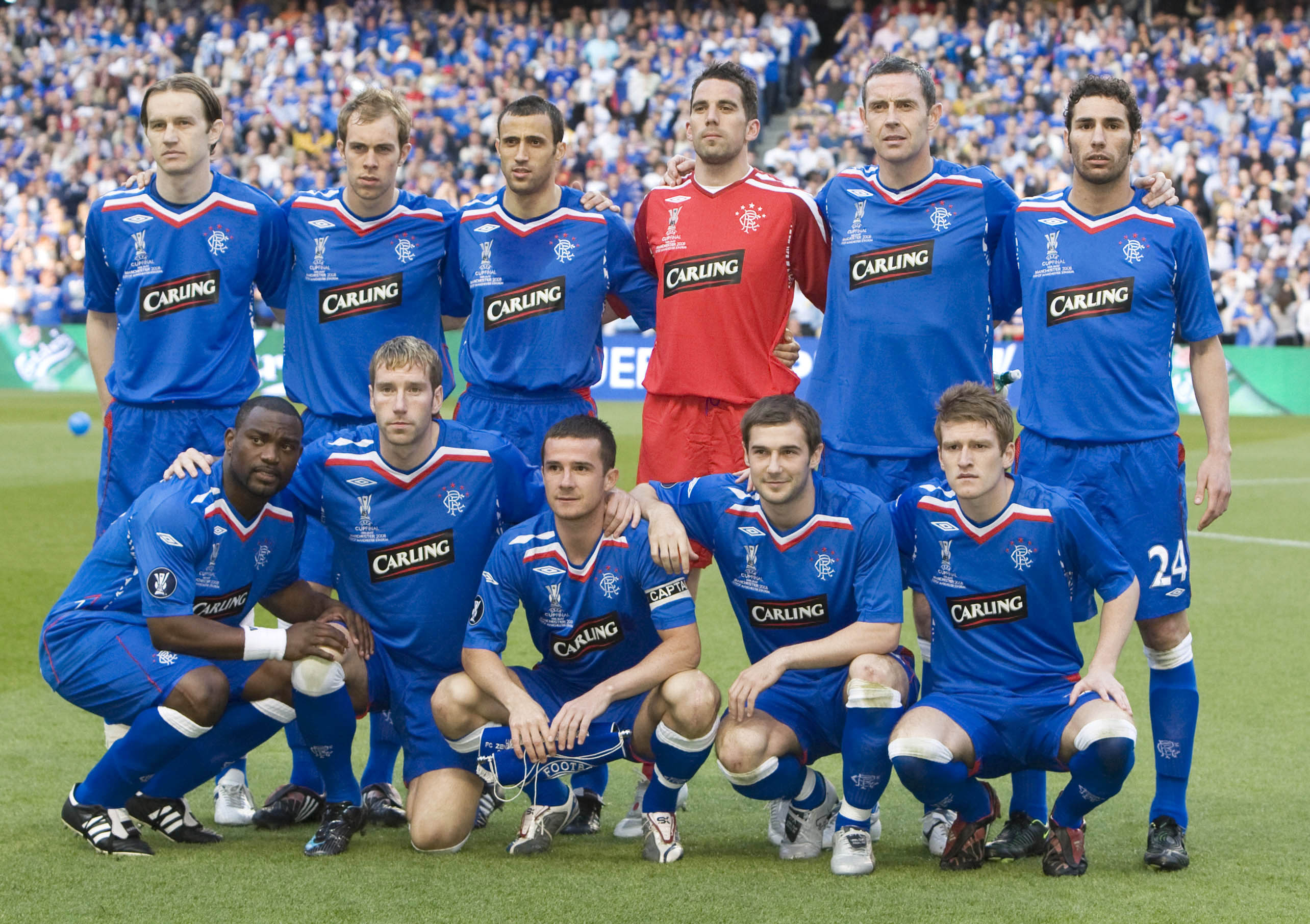 The Rangers players line up before kick-off. Back row from left: Sasa Papac, Steven Whittaker, Brahim Hemdani, Neil Alexander, David Weir and Carlos Cuellar. Front row from left: Jean-Claude Darcheville, Kirk Broadfoot, Barry Ferguson, Kevin Thomson and Steven Davis.