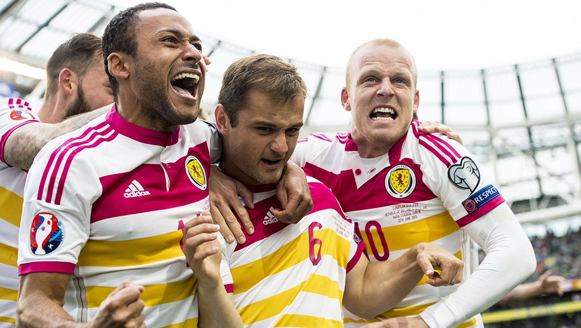 Ikechi Anya and Steven Naismith celebrating with Shaun Maloney after his shot deflected in for the equaliser in Dublin back in June 2015.