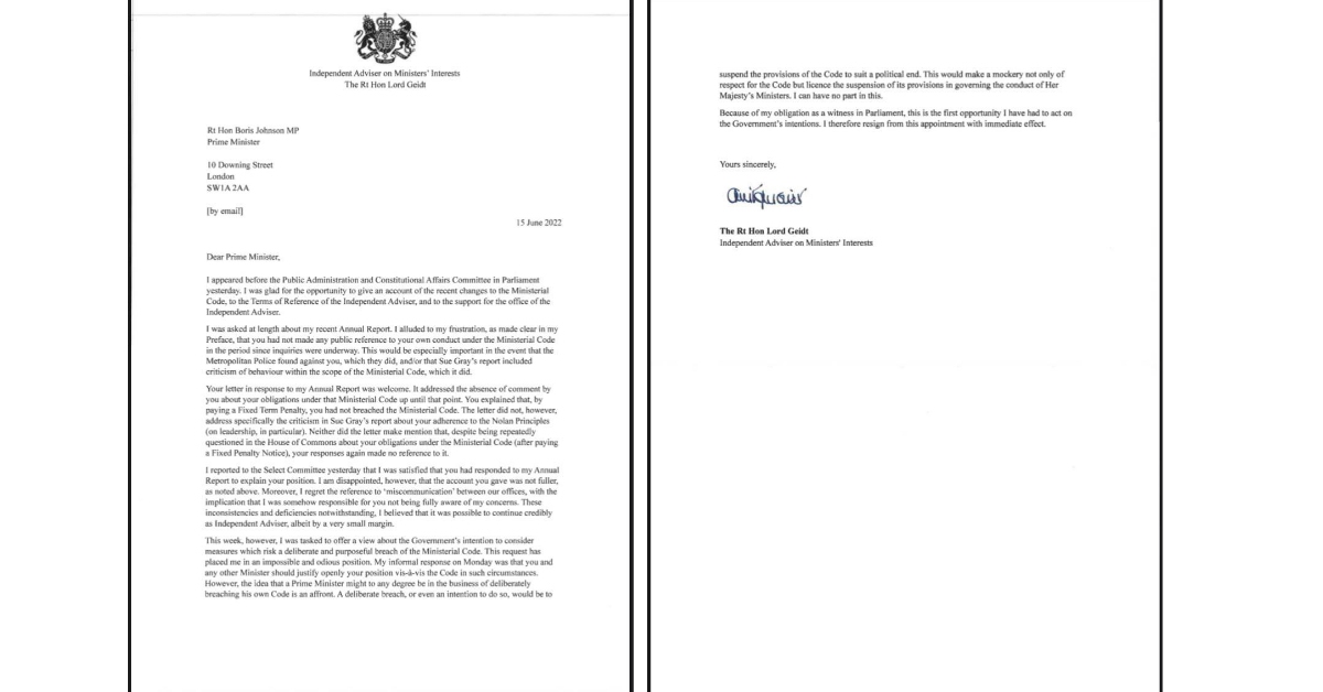 Lord Geidt's resignation letter was released on Thursday. 