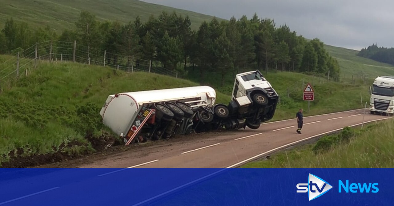 A82 closed in both directions after fuel tanker crashes off road