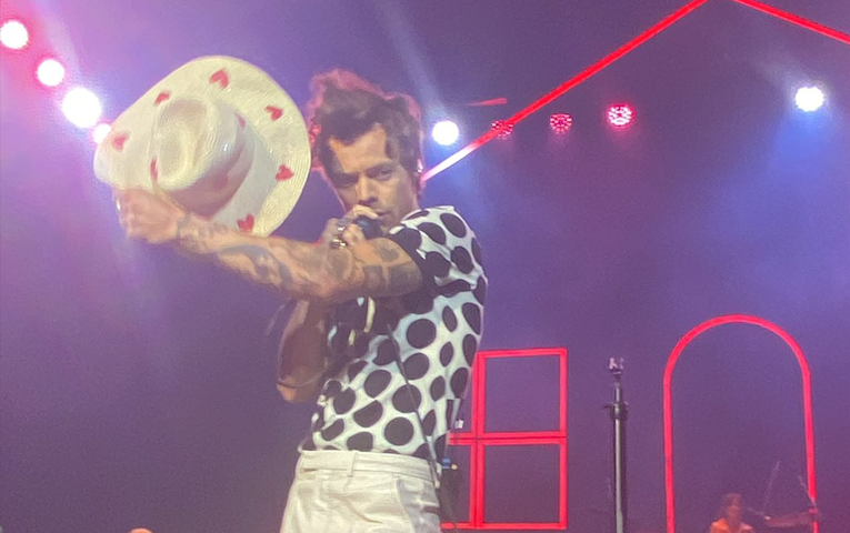 Styles posed with a lucky hat tossed onstage by a fan. 