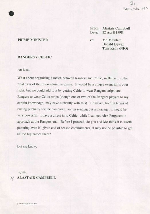 The letter was sent by Alastair Campbell to Tony Blair. 