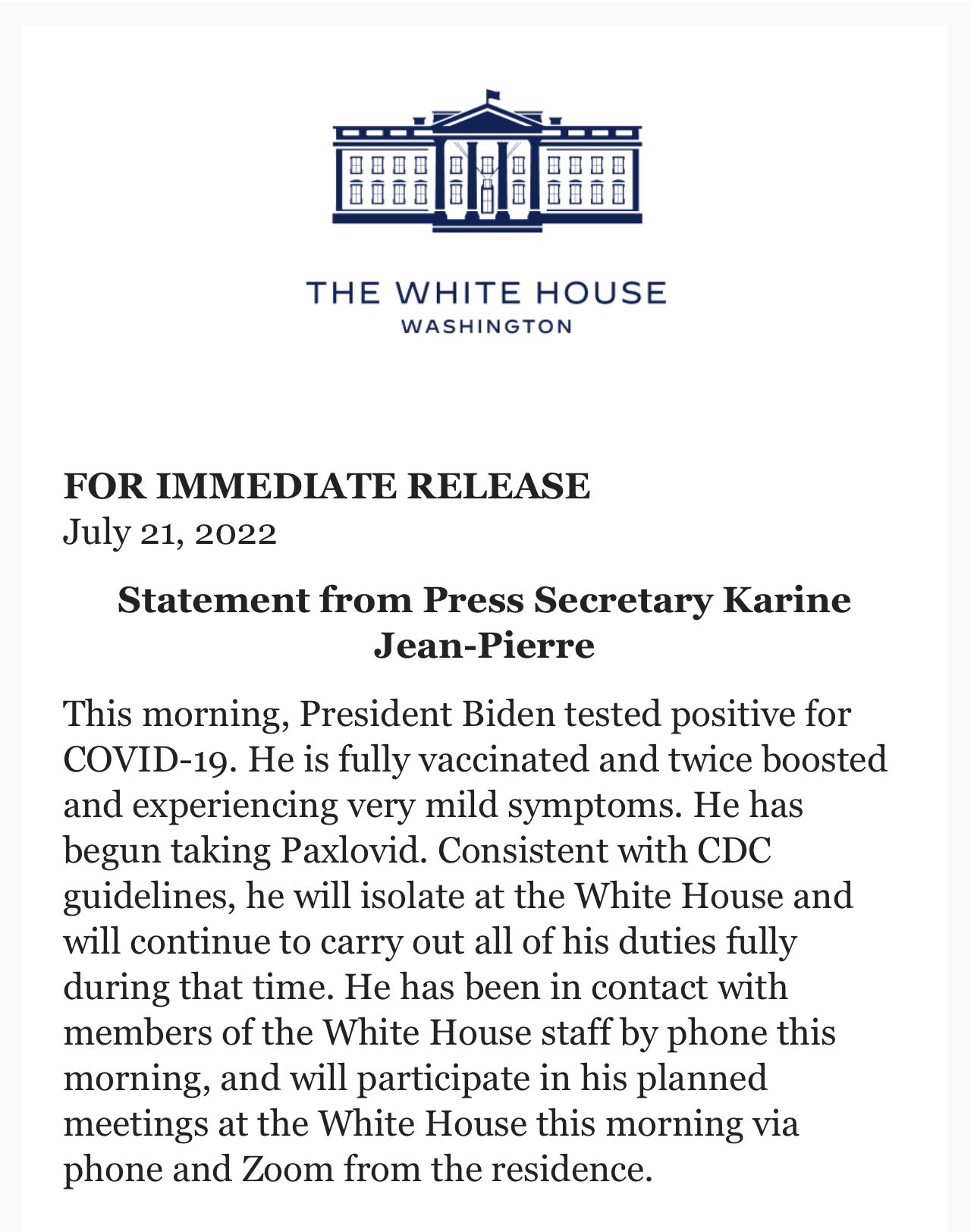 A statement was issued by the White House on Thursday.