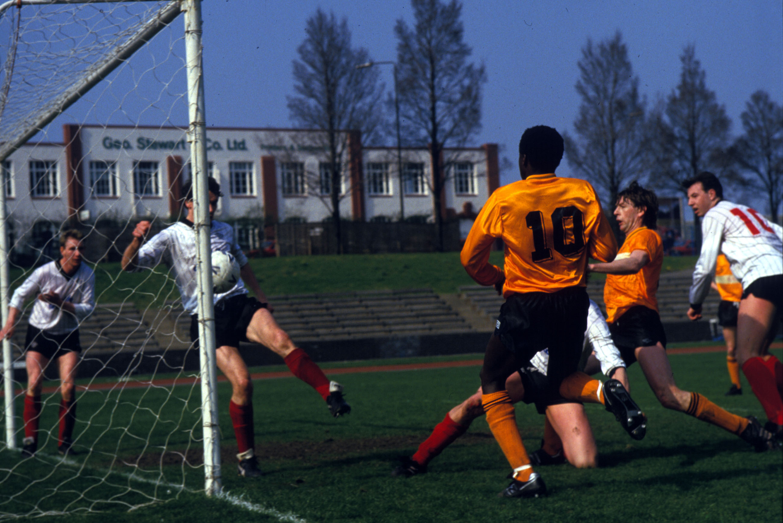 Victor Kasule (wearing number 10) scores a promotion-winning goal for Meadowbank Thistle against East Stirling in 1987.