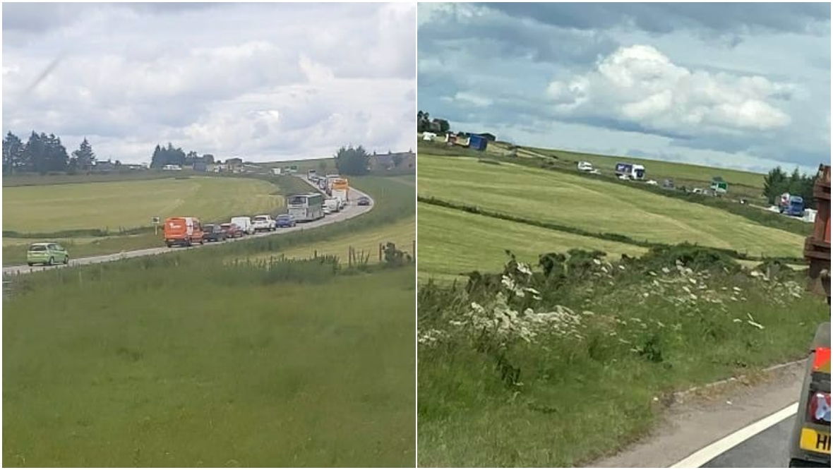 Police close A96 near Huntly after campervan reportedly goes on fire and fuel spills on road