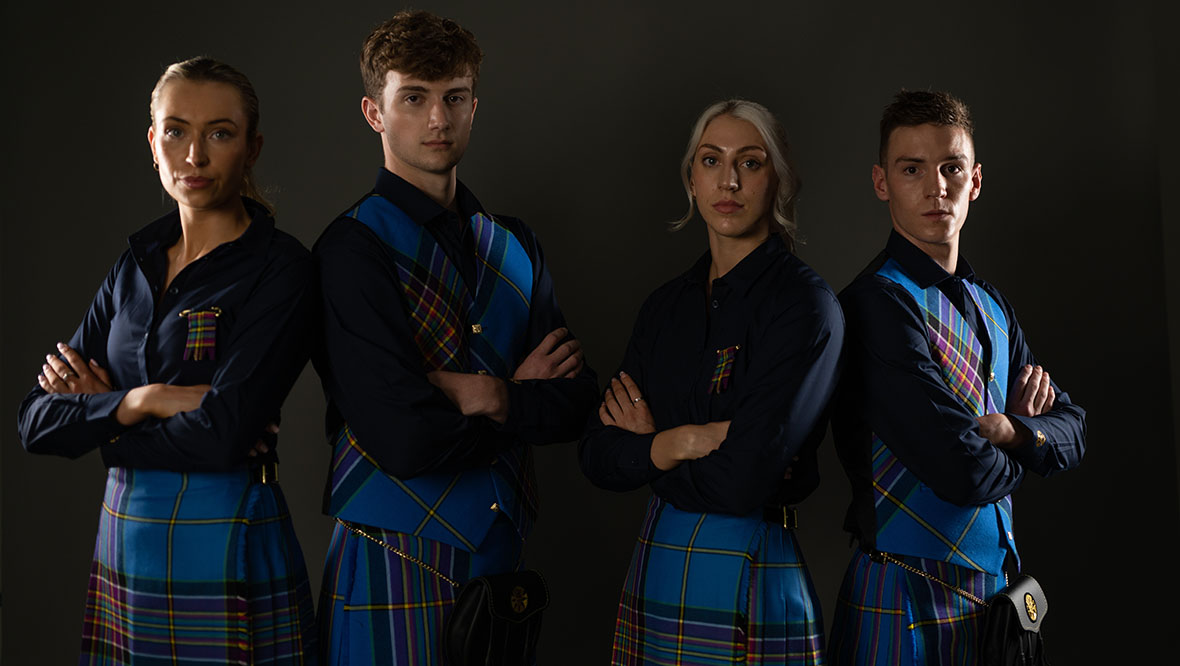Sarah McPhail, Ross Beattie, Cassie Wild-Richards and Cameron Main in Team Scotland uniform. 