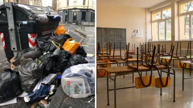 Which Scottish councils are facing school closures and bin strikes amid pay offer dispute?