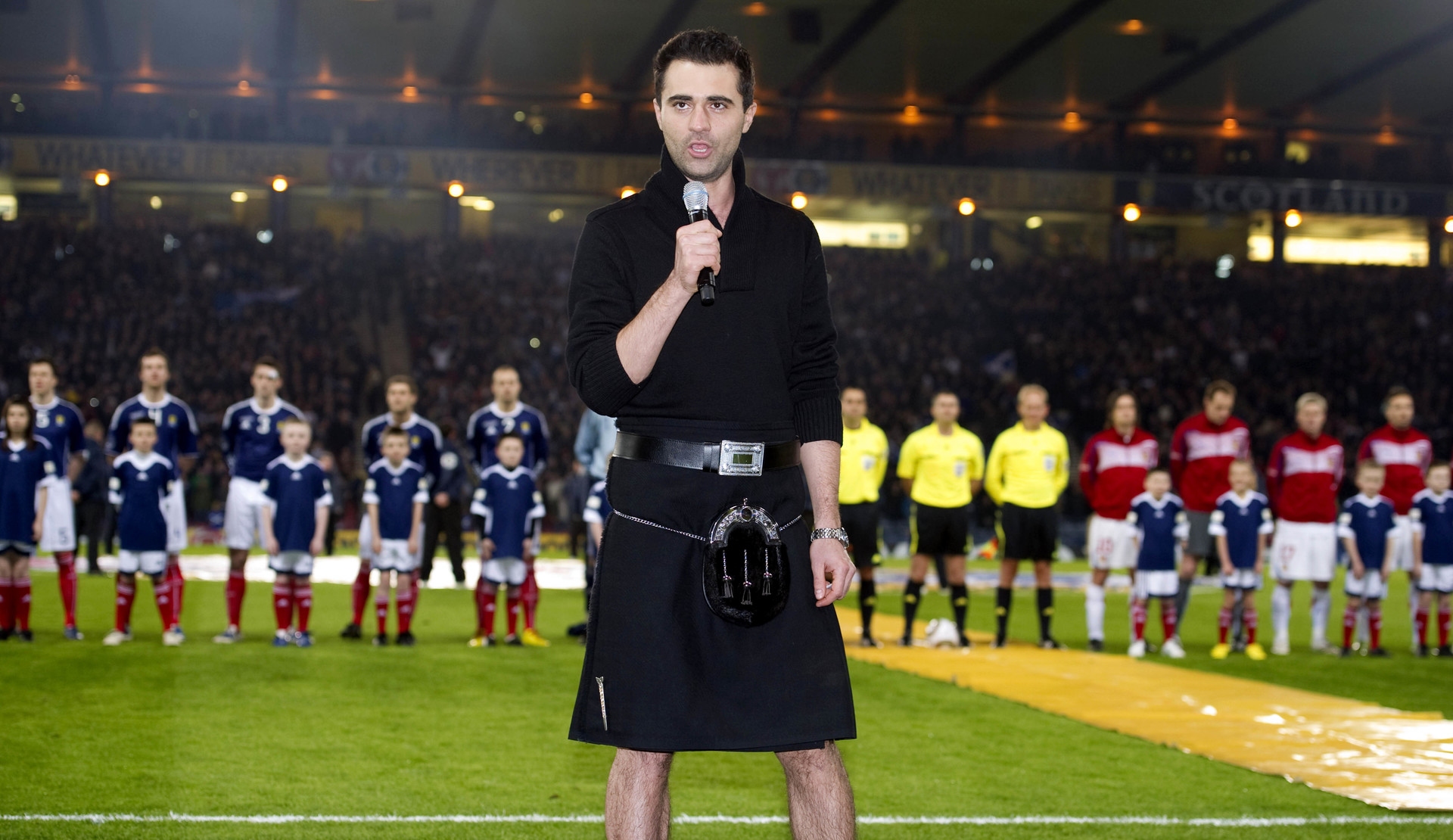The Scottish Pop Idol star Darius Campbell sang the national anthem prior to kick-off at the Scotland vs Czech Republic friendly in March 2010.