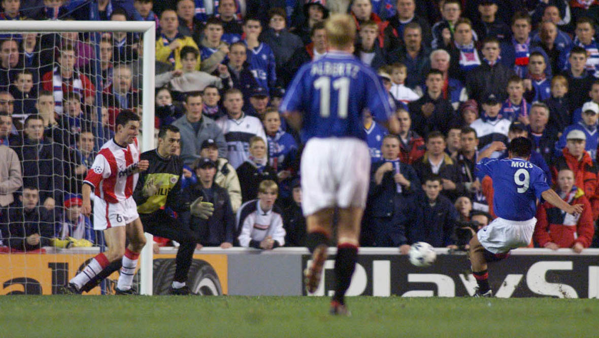 Michael Mols scoring for Rangers.