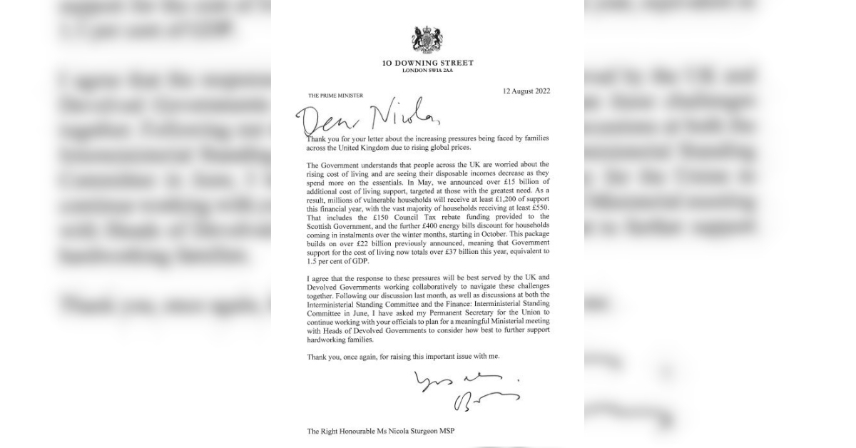 The letter was sent by the Prime Minister to the First Minister.