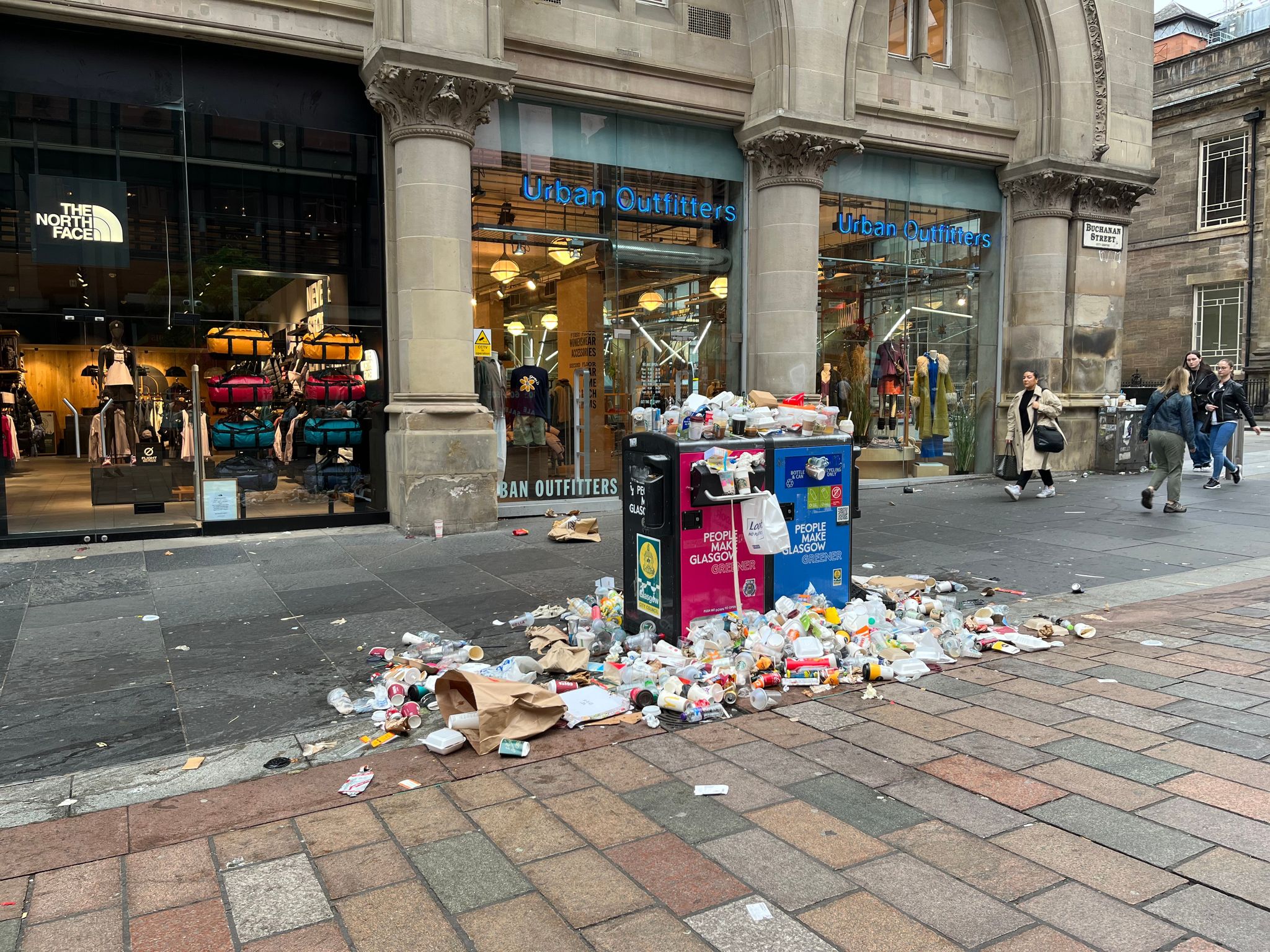 Bins overflowing in Glasgow amid strike action.