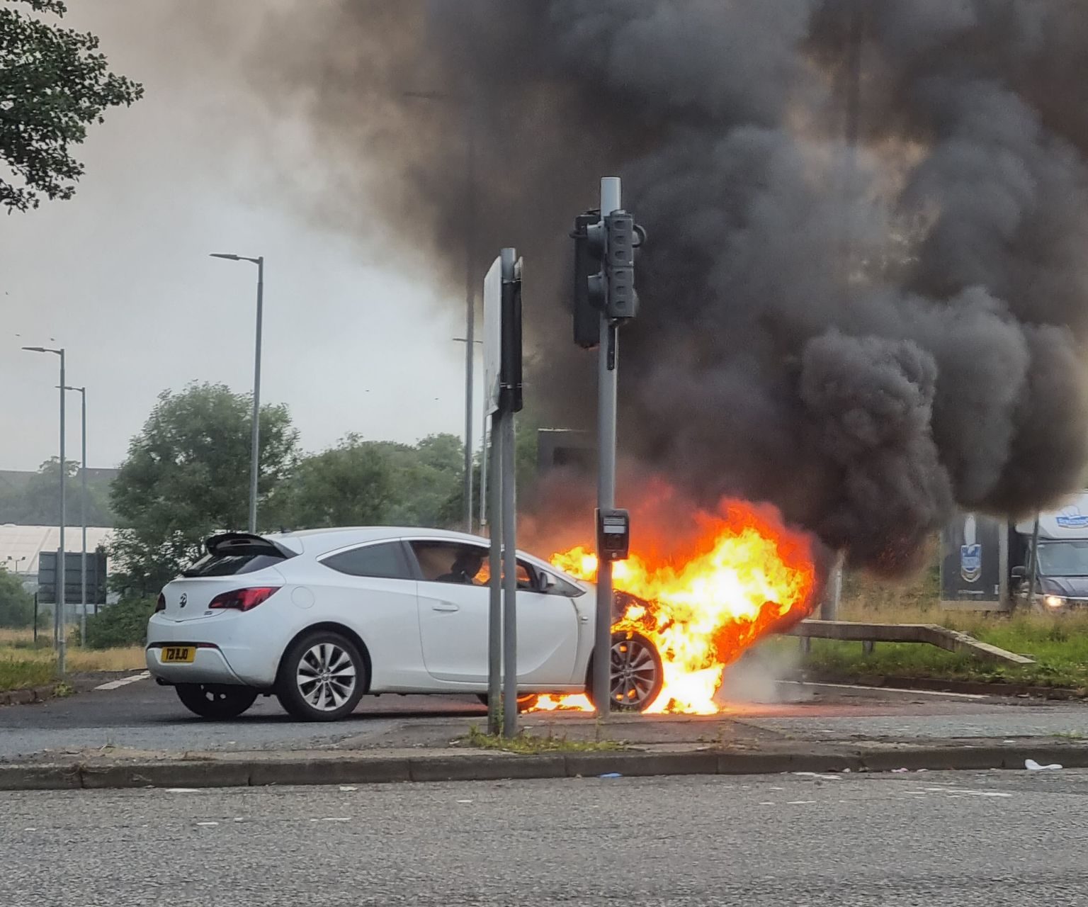 The car's brakes failed on the M8 and minutes later, it had caught fire. 