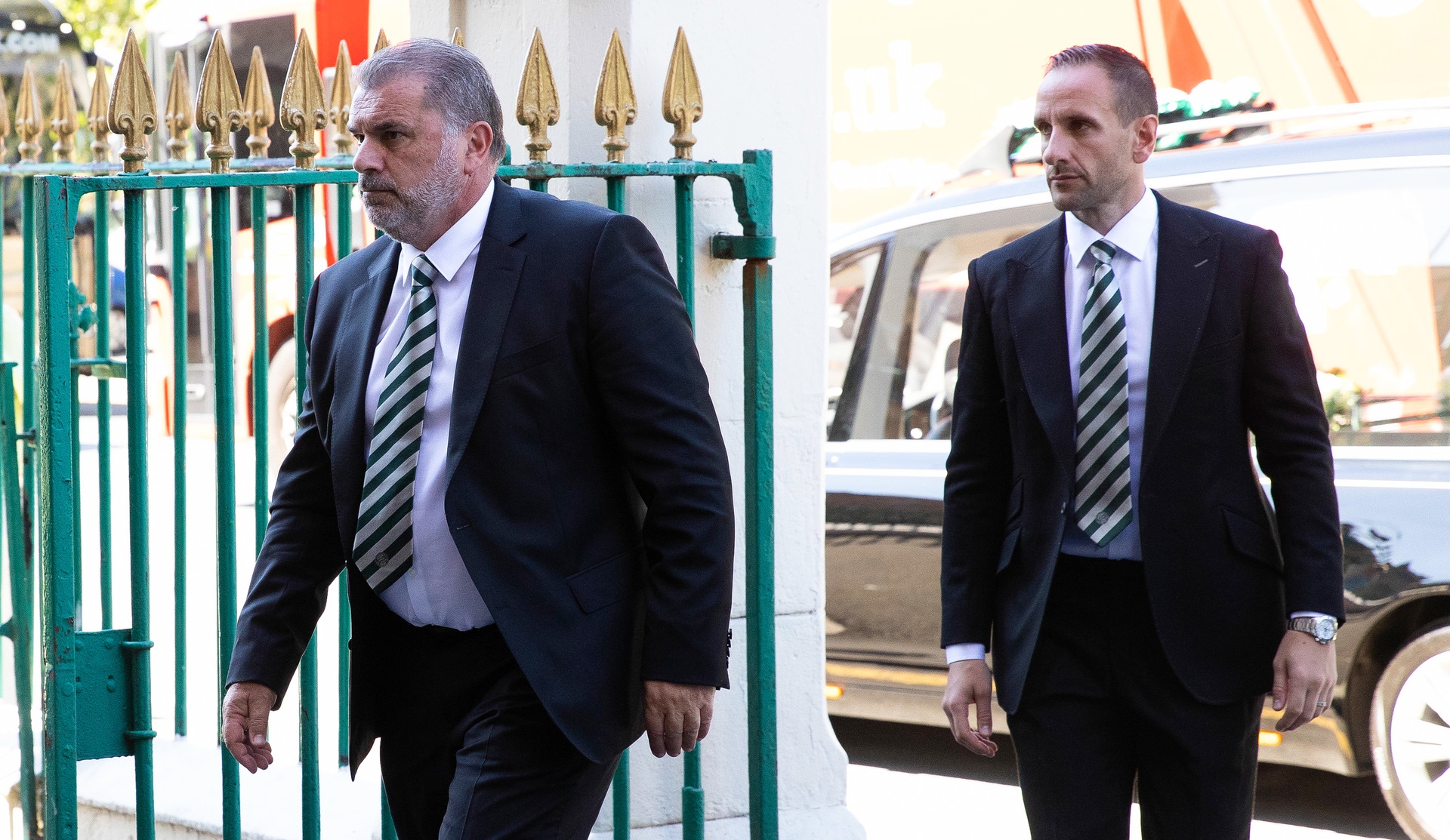 St Mary's: Postecoglou and John Kennedy arrive to pay tribute.