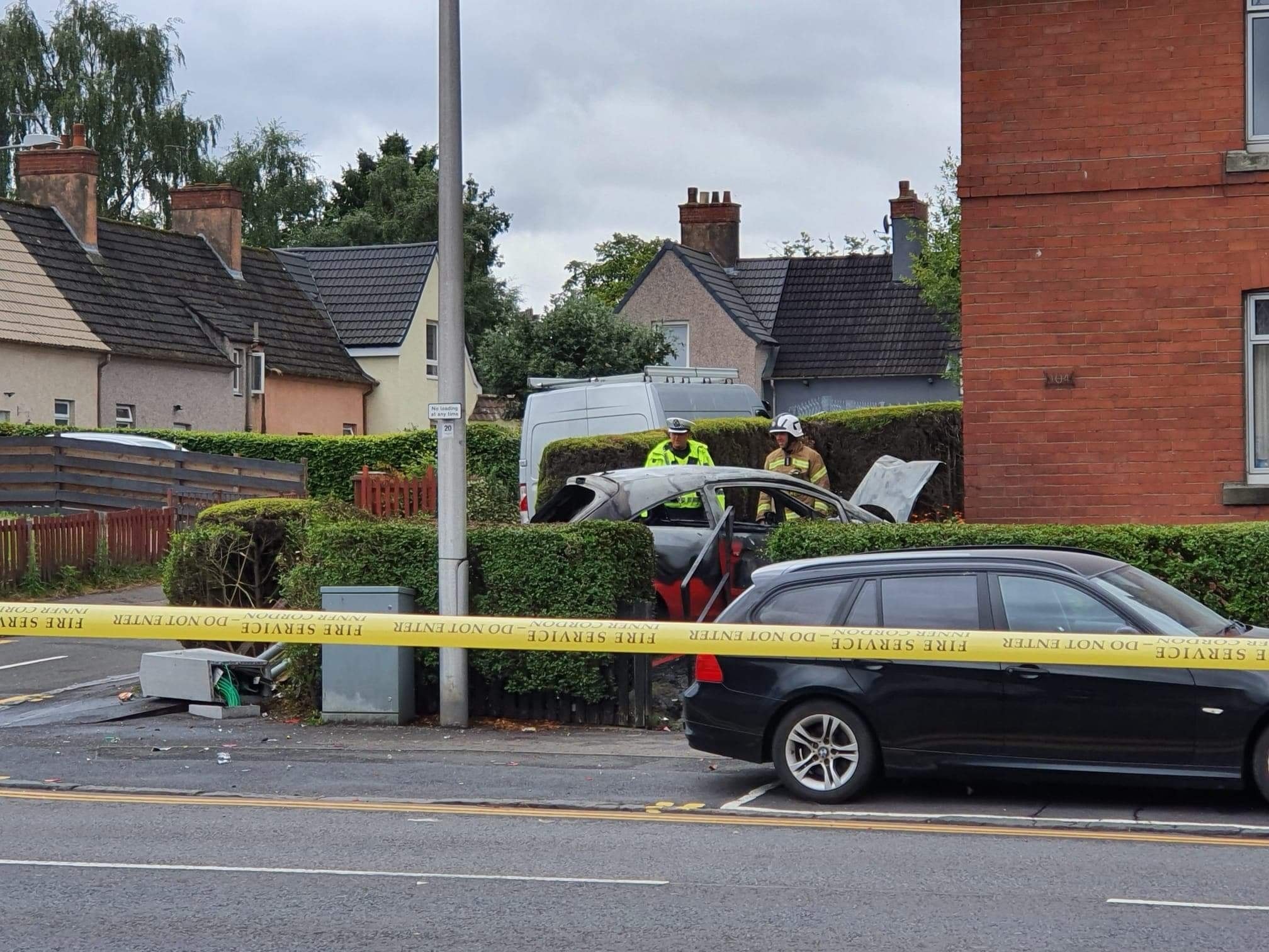 The car 'spun out, hit a van, an electrical box and hit a house' according to one local. 
