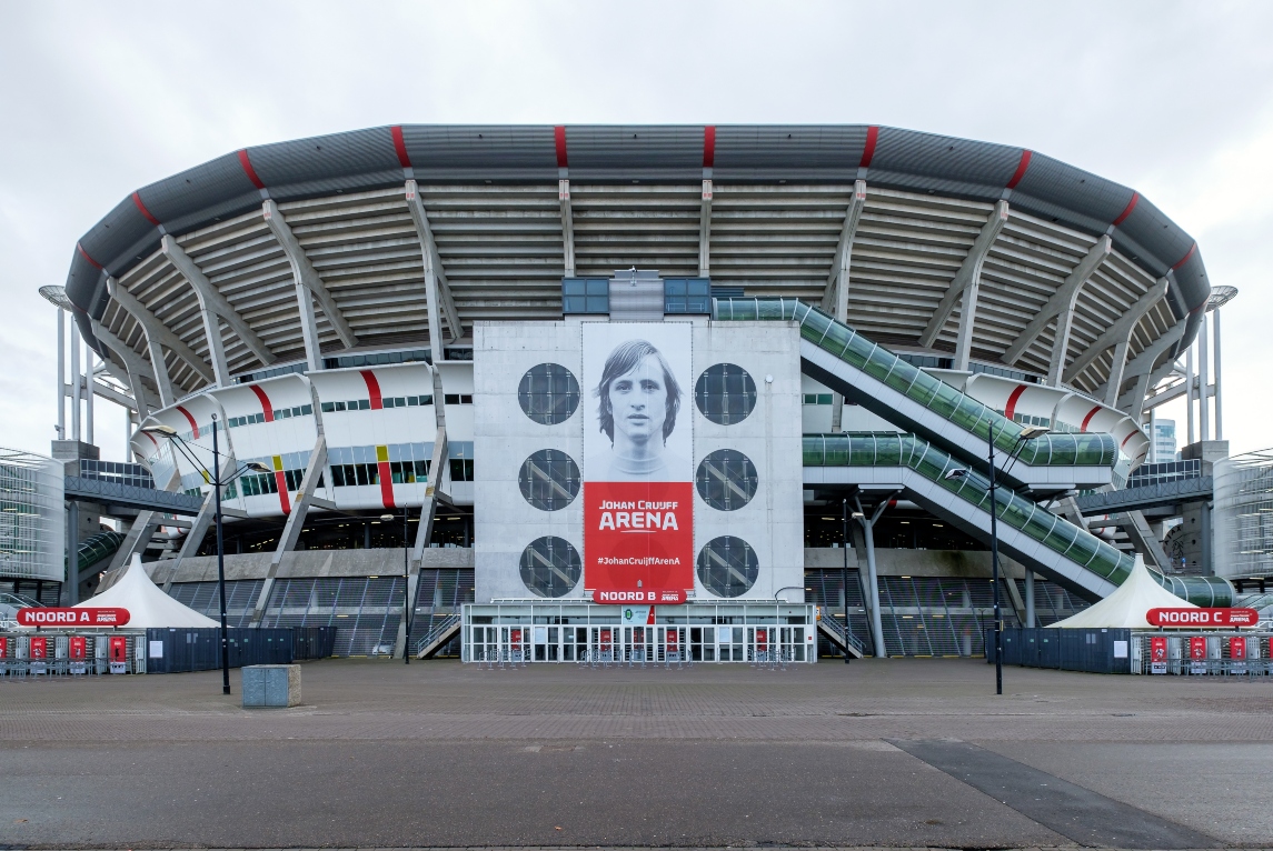 Outside the Johan Cruijff Arena soccer stadium, home of the Ajax team who will go up against Rangers.