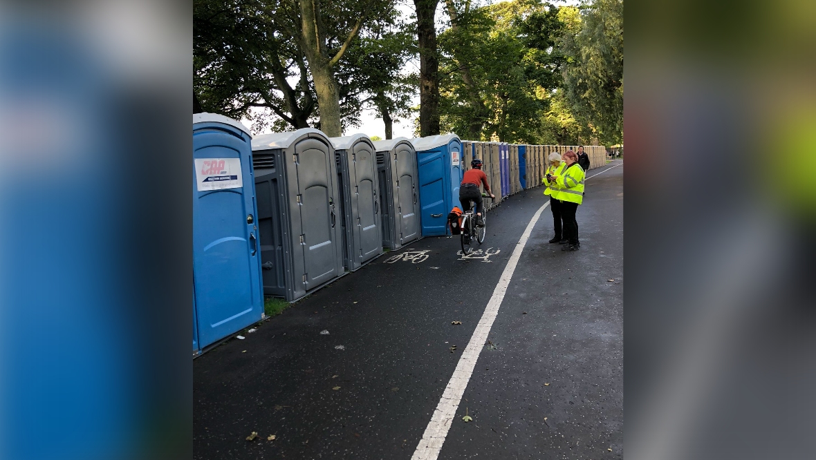 ‘Accident waiting to happen’: Royal portaloos appear on Meadows bike path as mourners line up in Edinburgh