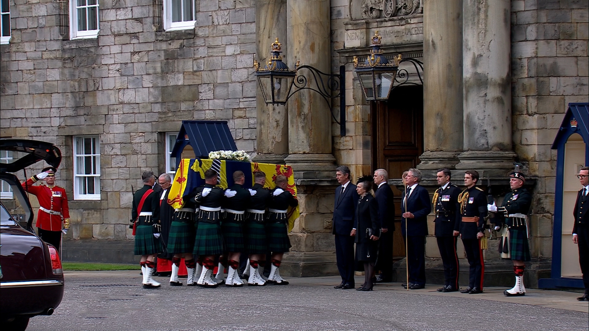 The Queen's coffin was carried into the Palace of Holyroodhouse in Edinburgh on Sunday.