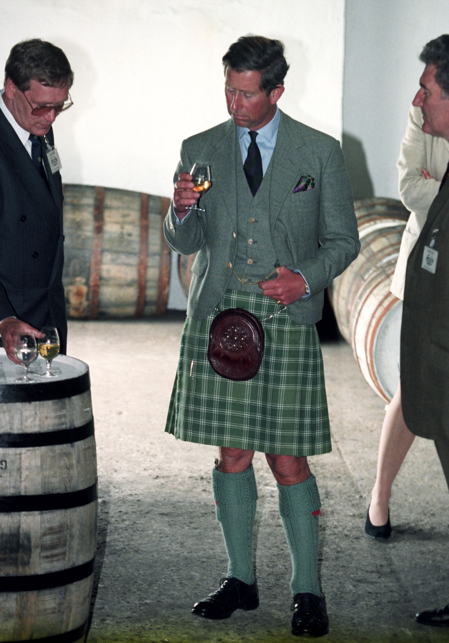 Prince Charles during a tour of the Laphroaig Distillery in 1994.