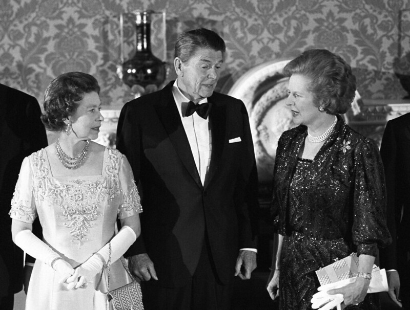 The Queen with US President Ronald Reagan and Prime Minister Margaret Thatcher. 