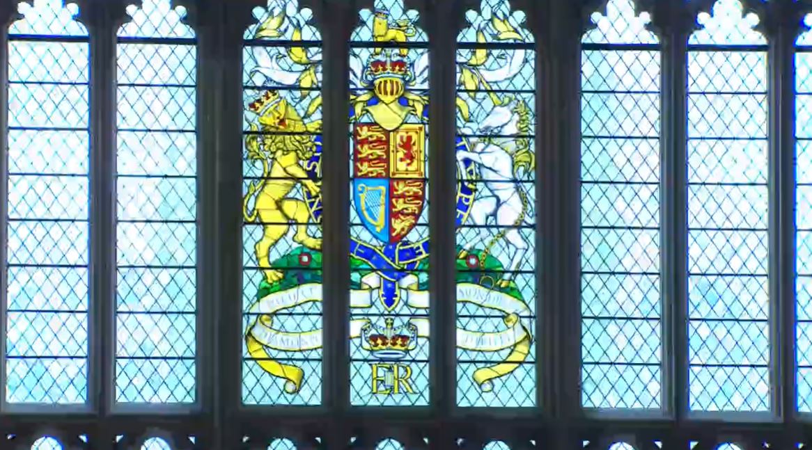 A stained glass window in Westminster Hall installed for the Queen's Diamond Jubilee.