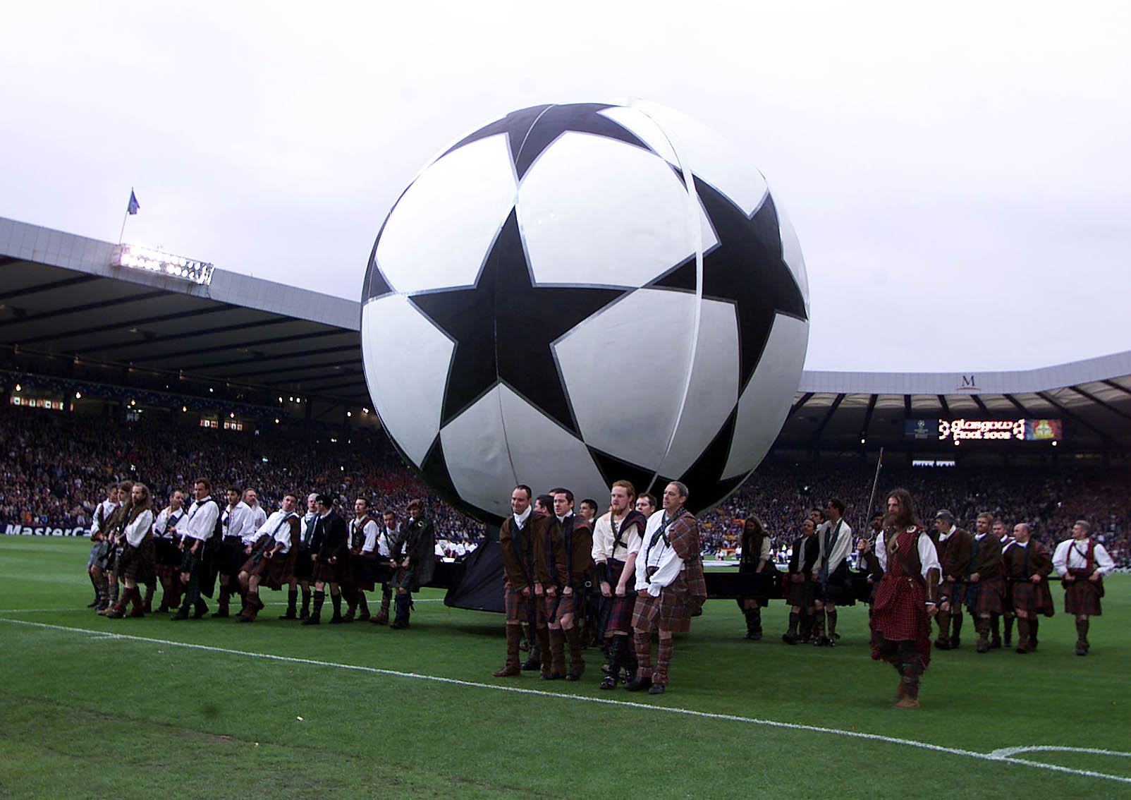 A giant Champions League ball on the Hampden pitch before kick-off.