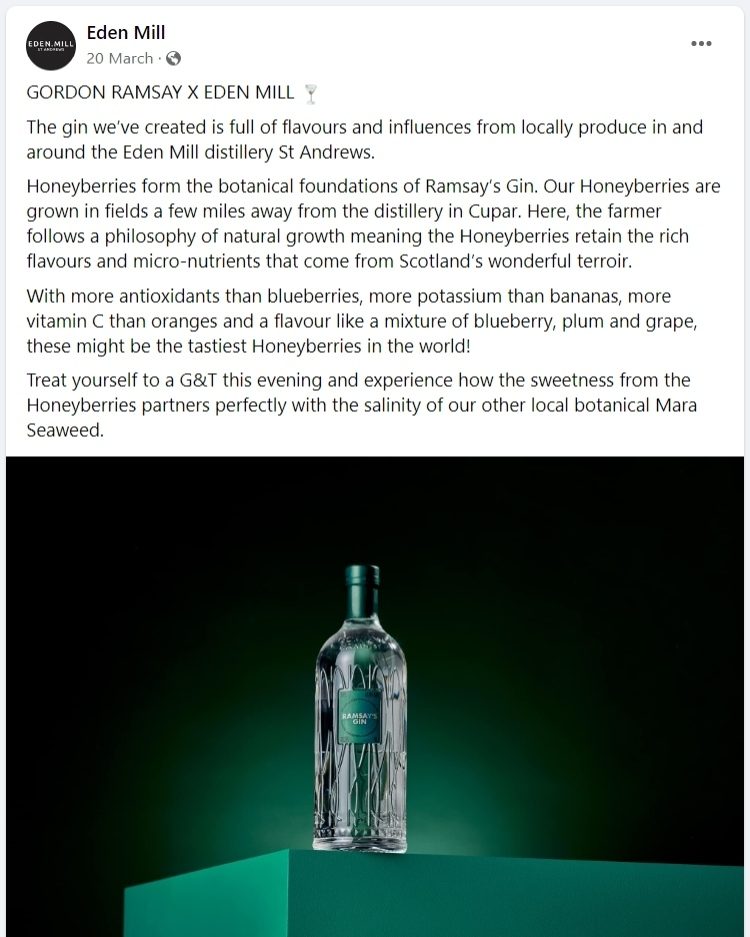Ramsay's Gin, reklamı Mart ayında Facebook ve Instagram'da yayınladı.