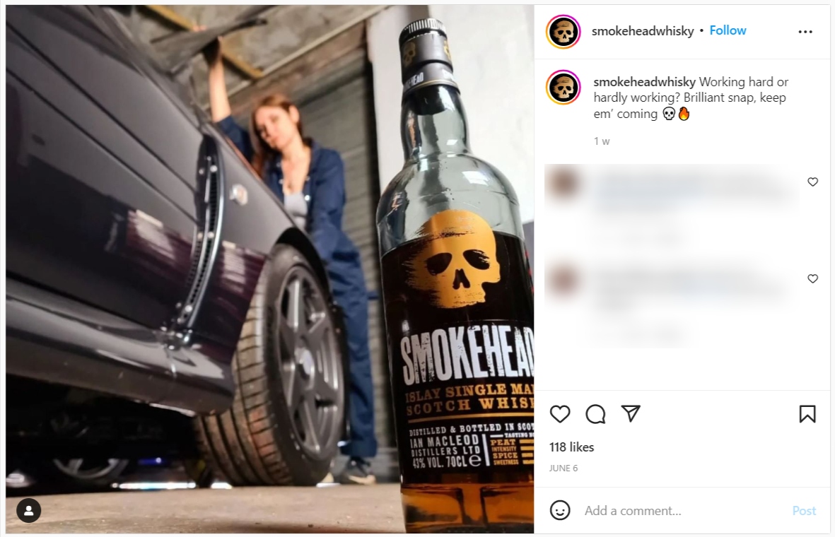 The Smokehead Whiskey ad was posted to Instagram in June. 