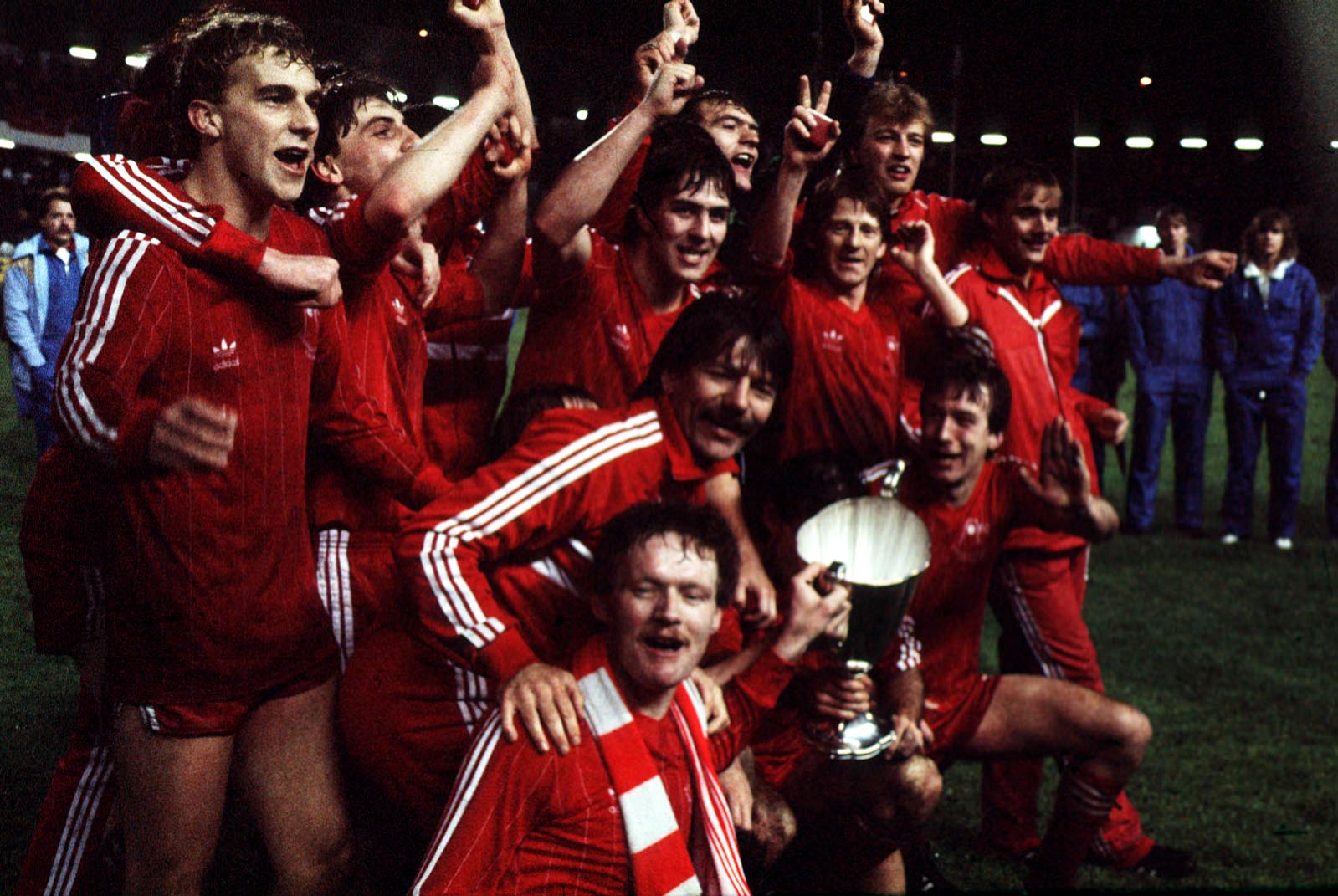 Celebrations: Aberdeen team pictured with the European Cup Winners Cup after beating Real Madrid in 1983.