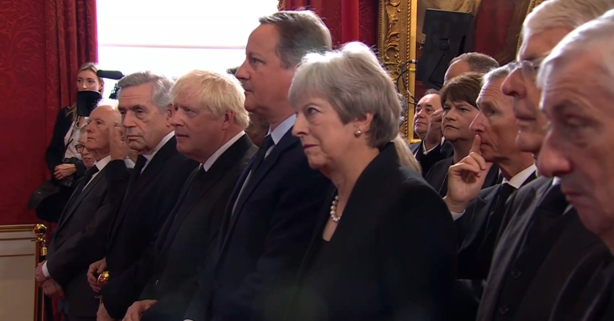 Former prime ministers Gordon Brown, Boris Johnson, David Cameron, Theresa May and John Major with former first minister Alex Salmond in the background.