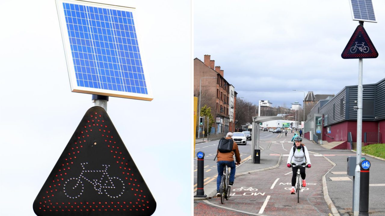 Glasgow first in the UK to install cycle-activated LED safety signage on road network