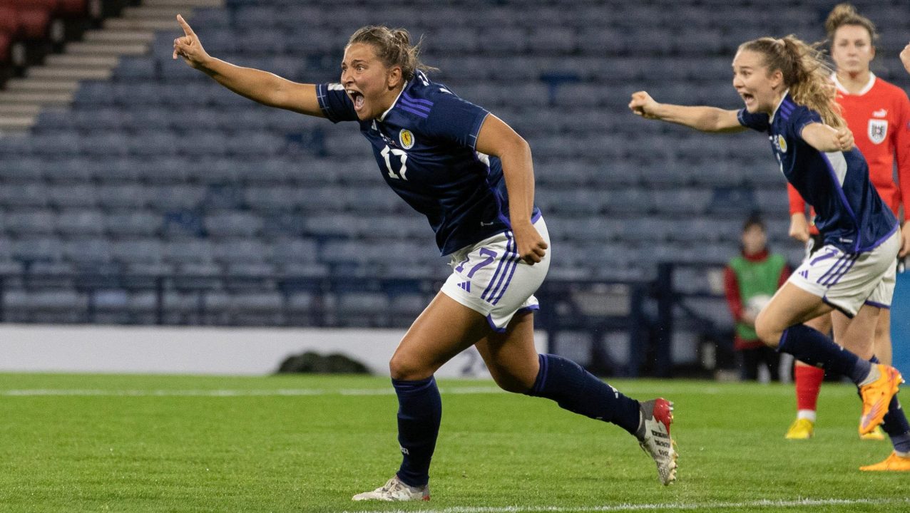 Abi Harrison celebrates scoring Scotland winner against Austria in World Cup play-off