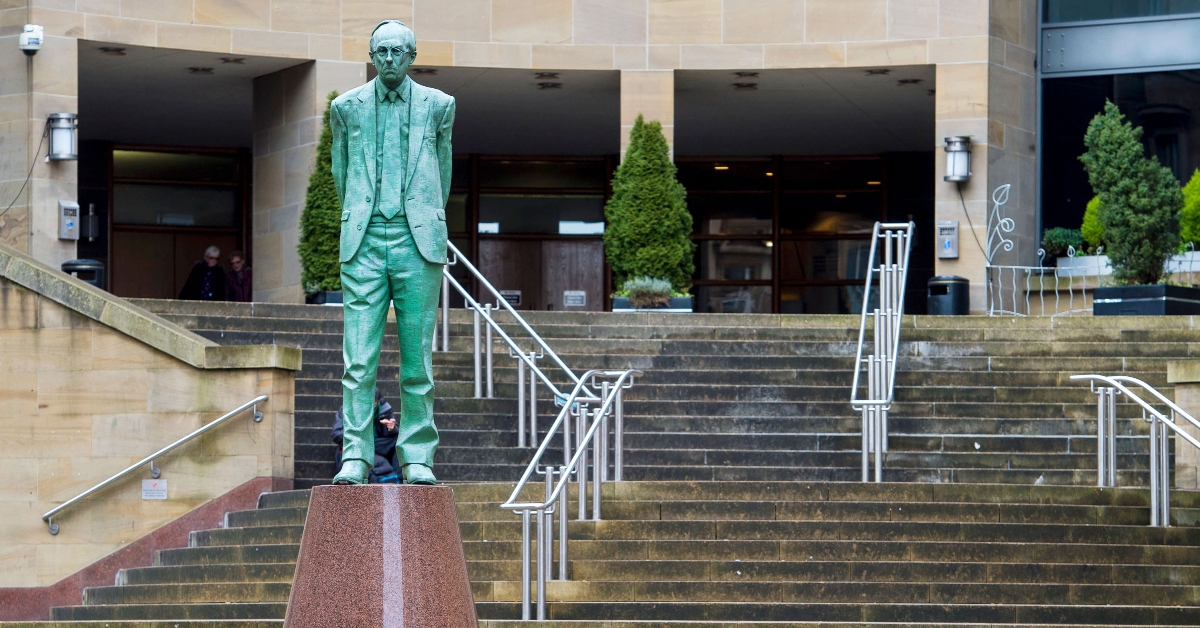 Statue of Donald Dewar at the steps leading up to the Royal Concert Hall.