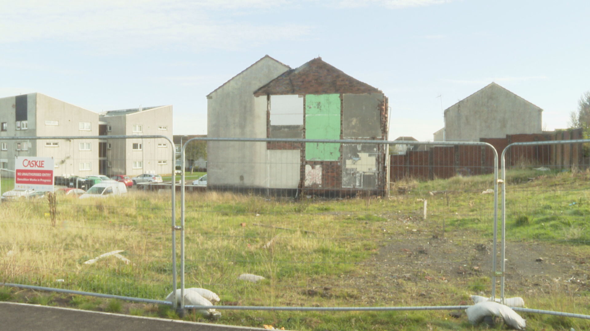 Fencing blocks off the blast site.