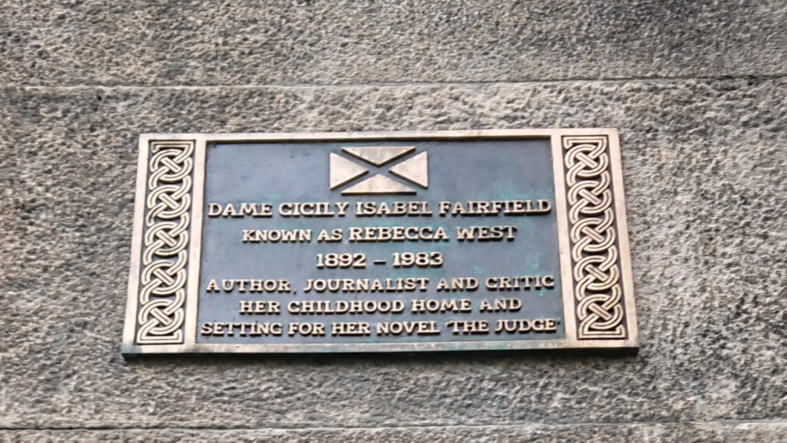 The plaque dedicated to Rebecca West from Historic Environment Scotland.