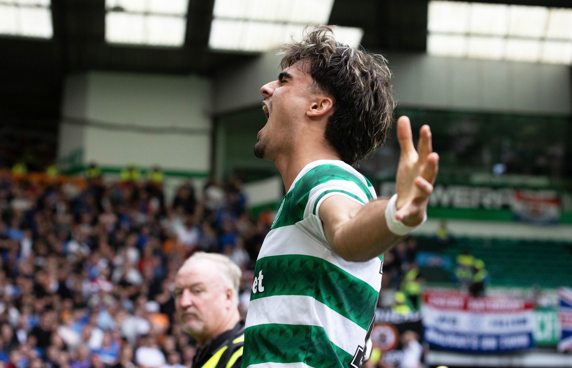 Jota celebrates after scoring in 4-0 Old Firm defeat. 