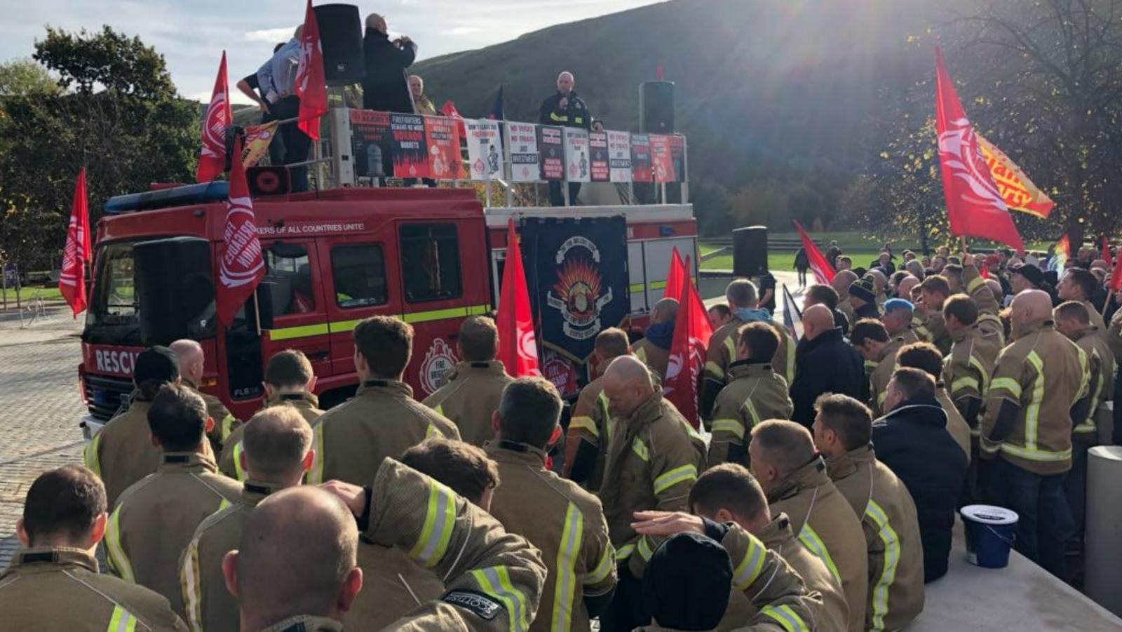 Members of the Fire Brigade Union protesting outside Holyrood over pay in October 2022